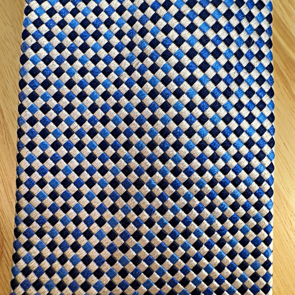 BOSS Hugo Boss Mens Blue Black White Gray Geometric Woven Silk Tie Made in Italy